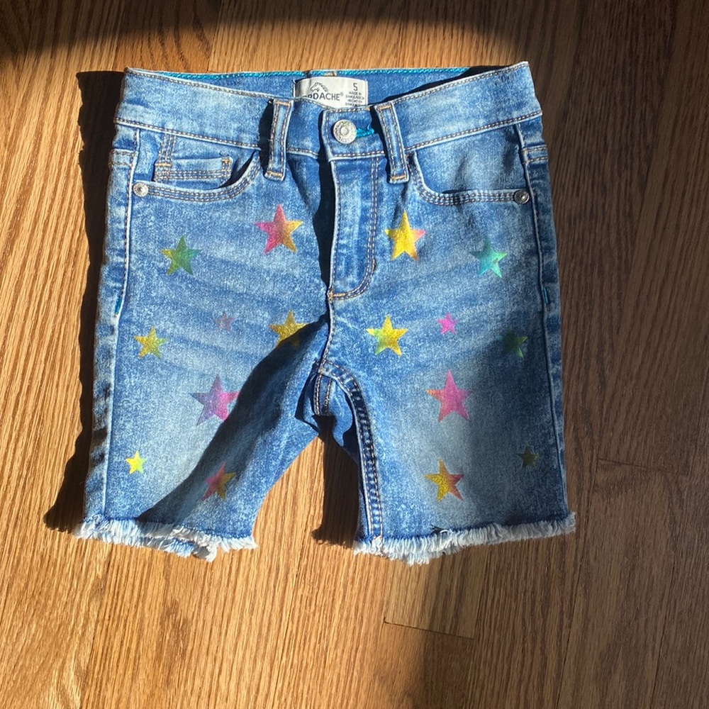 Jordache Denim Shorts with rainbow stars and s raw edge. So cute!